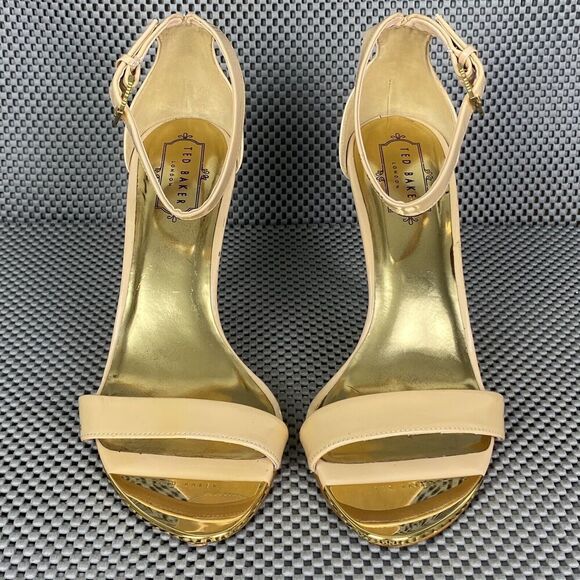 Ted Baker London Heels Womens Size 39.5 Gold Metallic Open Toe Ankle Strap - Picture 6 of 15